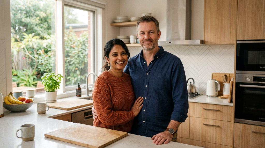 An mixed race couple standing in the kitchen holding each other while smiling to the camera