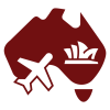 Map of Australia with a plane and Opera house icon